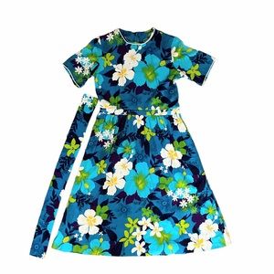 Vtg Dress Handmade Bespoke Hand Sewn Floral Crepe Cotton Summer Homemade